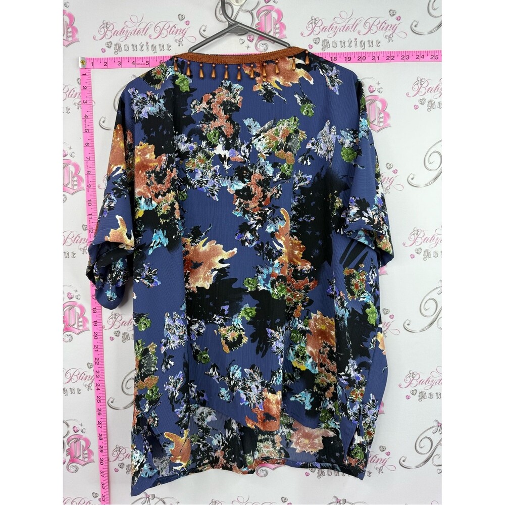 Shirt T-shirt beaded neckline Boho Floral V-Neck Tunic Top - Blue & Rust - Picture 2 of 9
